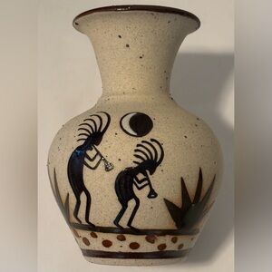 Mexico Hand Painted Kokopelli Sandstone Pottery Vase, 5 1/4" Black/Brown Designs